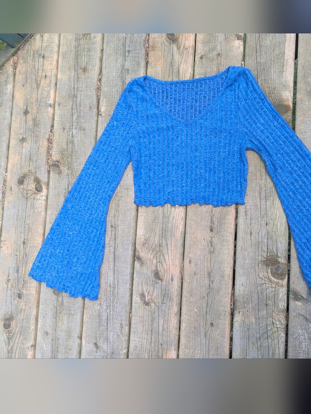 Blue Ribbed Bell-Sleeve Women’s Sweater